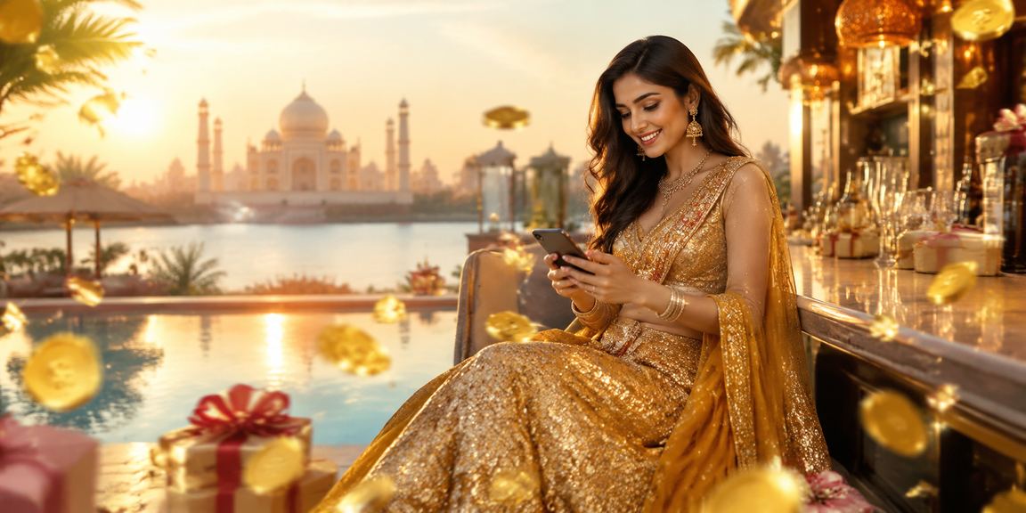 Player enjoying casino slots on mobile near Taj Mahal